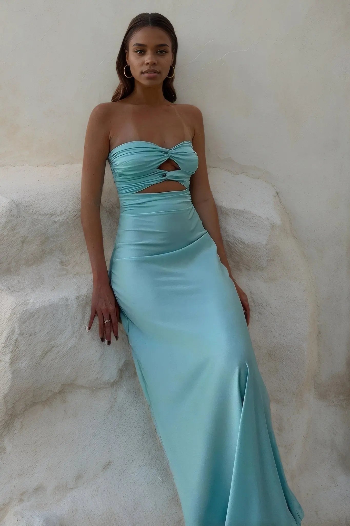 A-Line Silk Strapless Sleeveless Long Prom Dress Blue Prom Gown - KAIDRESS