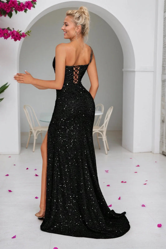 Mermaid Sequin One Shoulder Formal Corset Long Sparkly Sleeveless Prom Dresses with slit - KAIDRESS