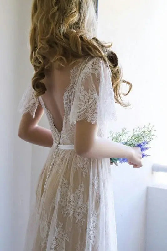 A-Line/Princess Lace Sash/Ribbon/Belt V-neck Short Sleeves Sweep/Brush Train Wedding Dresses-694