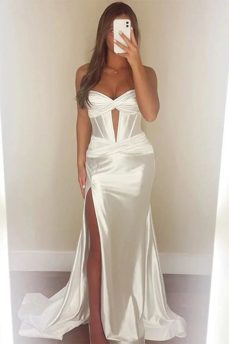 Green Silk Strapless Mermaid Prom Dresses Long Formal Evening Gown with Slit - KAIDRESS