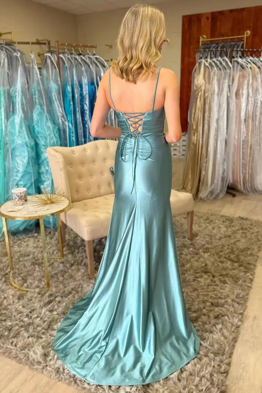 2026 Blue Silk Formal Prom Dresses Long Halter with Slit Evening Gowns