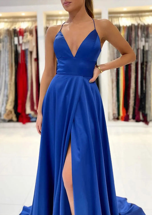 2026 Red Silk Formal Prom Dresses Long Halter with Slit Evening Gowns