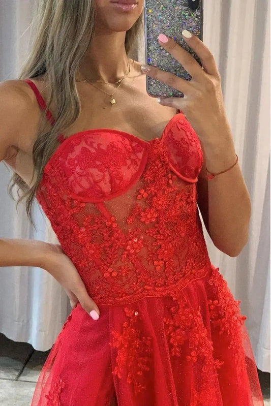 2026 Red Tulle Formal Prom Dresses Long Halter with Slit Evening Gowns