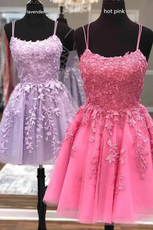 Short/Mini A-line Bateau Lace Tulle Homecoming Dress With Beading - KAIDRESS