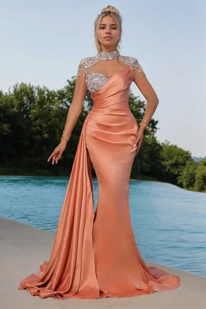 Trumpet/Mermaid Crew Neck Long Sleeve Silk Long Prom Dresses Purple Ball Gowns-785