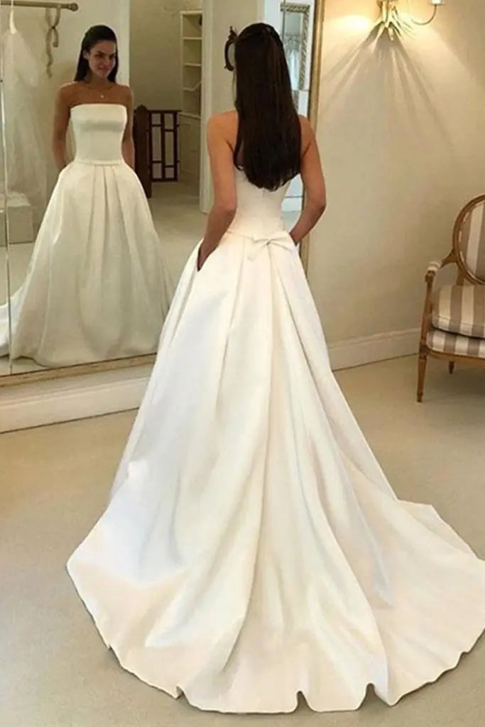 A-line Strapless Court Train Satin Wedding Dress With Waistband Pockets-733