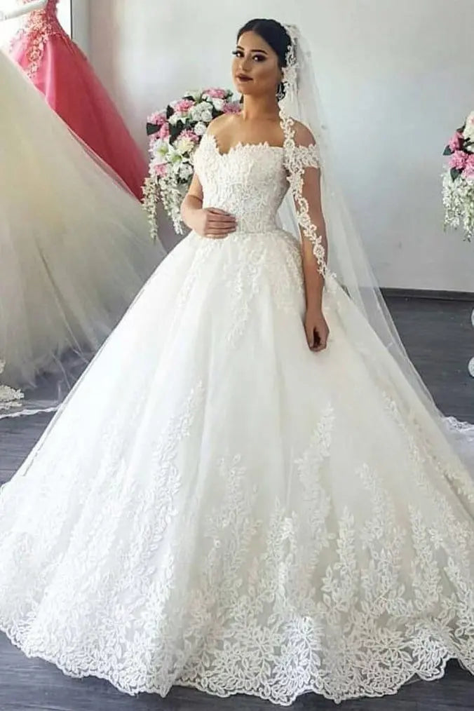 Ball Gown Off-the-Shoulder Sleeveless Sweep/Brush Train Lace Tulle Wedding Dresses-723