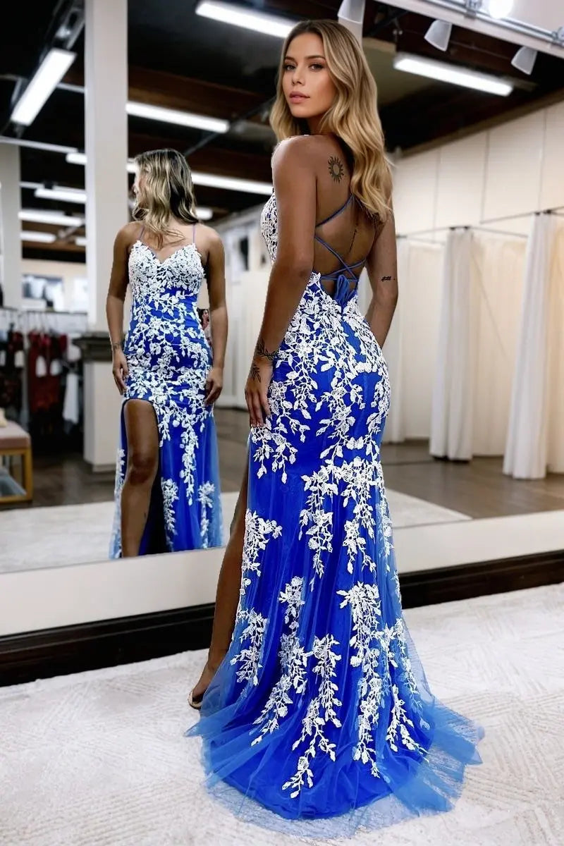 Sheath/Column Tulle Applique Prom Dresses V-neck Sleeveless Long Formal Evening Gowns