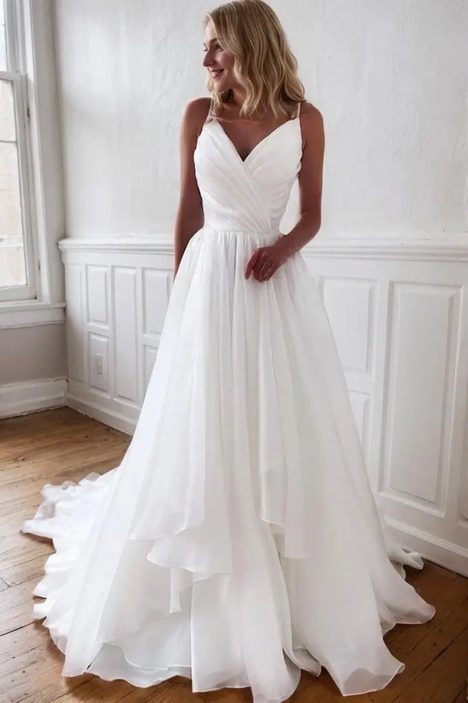 A-Line/Princess Organza Ruffles V-neck Sleeveless Court Train Wedding Dresses-0