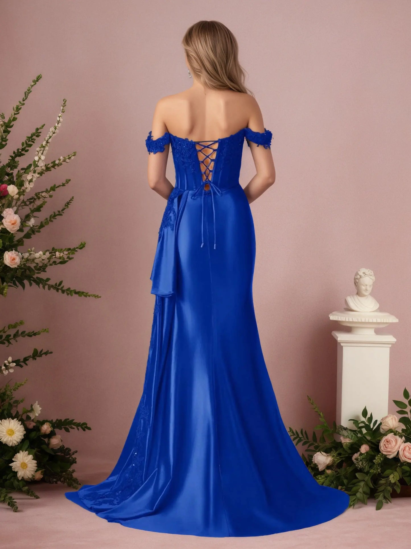 Sheath/Column Off the Shoulder Satin Beaded Prom Dress Burgundy With Appliques Prom Gown - KAIDRESS