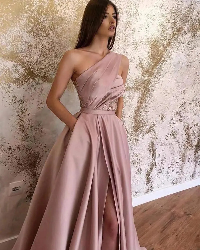 A-line One-Shoulder Sleeveless Sweep Train Satin Prom Dresses With Split Pleated - KAIDRESS