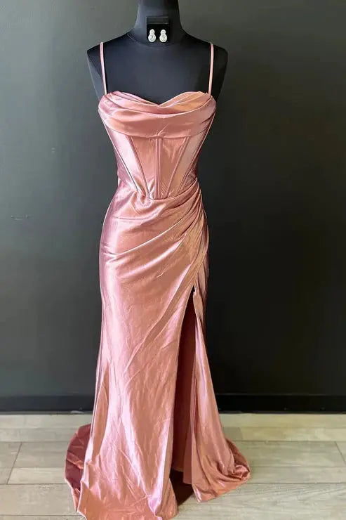 Sheath/Column Sweetheart Sleeveless Silk like Satin Sweep Train Prom Dresses With Split Ruffles - KAIDRESS