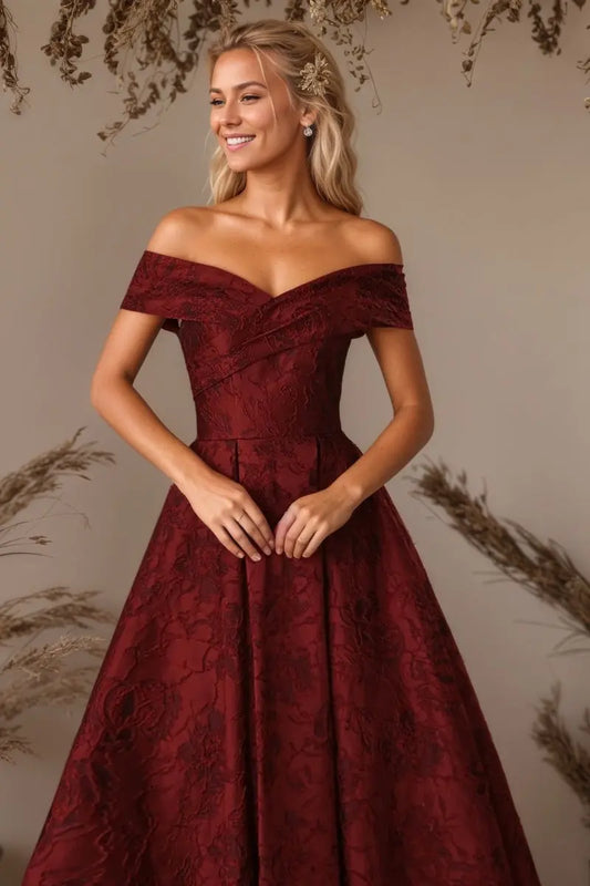A-Line Off Shoulder Satin Burgundy Long Prom Dress Floral Jacquard Formal Ball Gowns - KAIDRESS