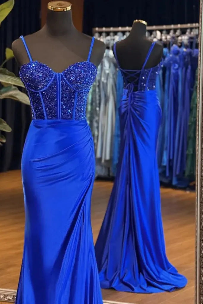 A-Line Sweetheart Neck Tulle Sequin Blue Long Prom Dress, Blue Long Formal Dress