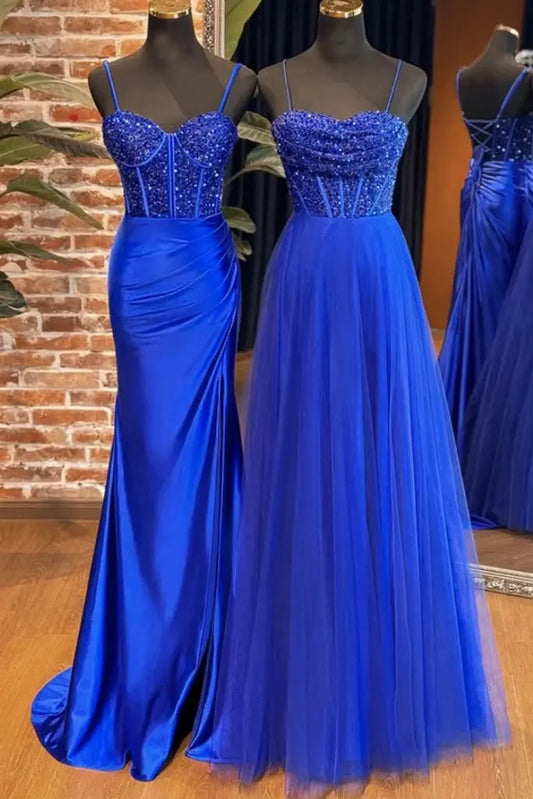 A-Line Sweetheart Neck Tulle Sequin Blue Long Prom Dress, Blue Long Formal Dress - KAIDRESS