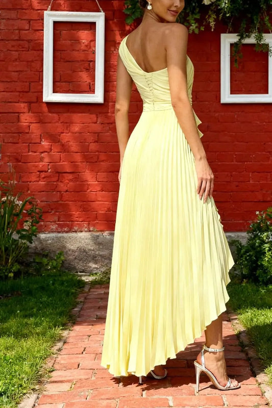 A-line Silk One Shoulder Long Asymmetry Pleated Yellow Prom Dresses - KAIDRESS