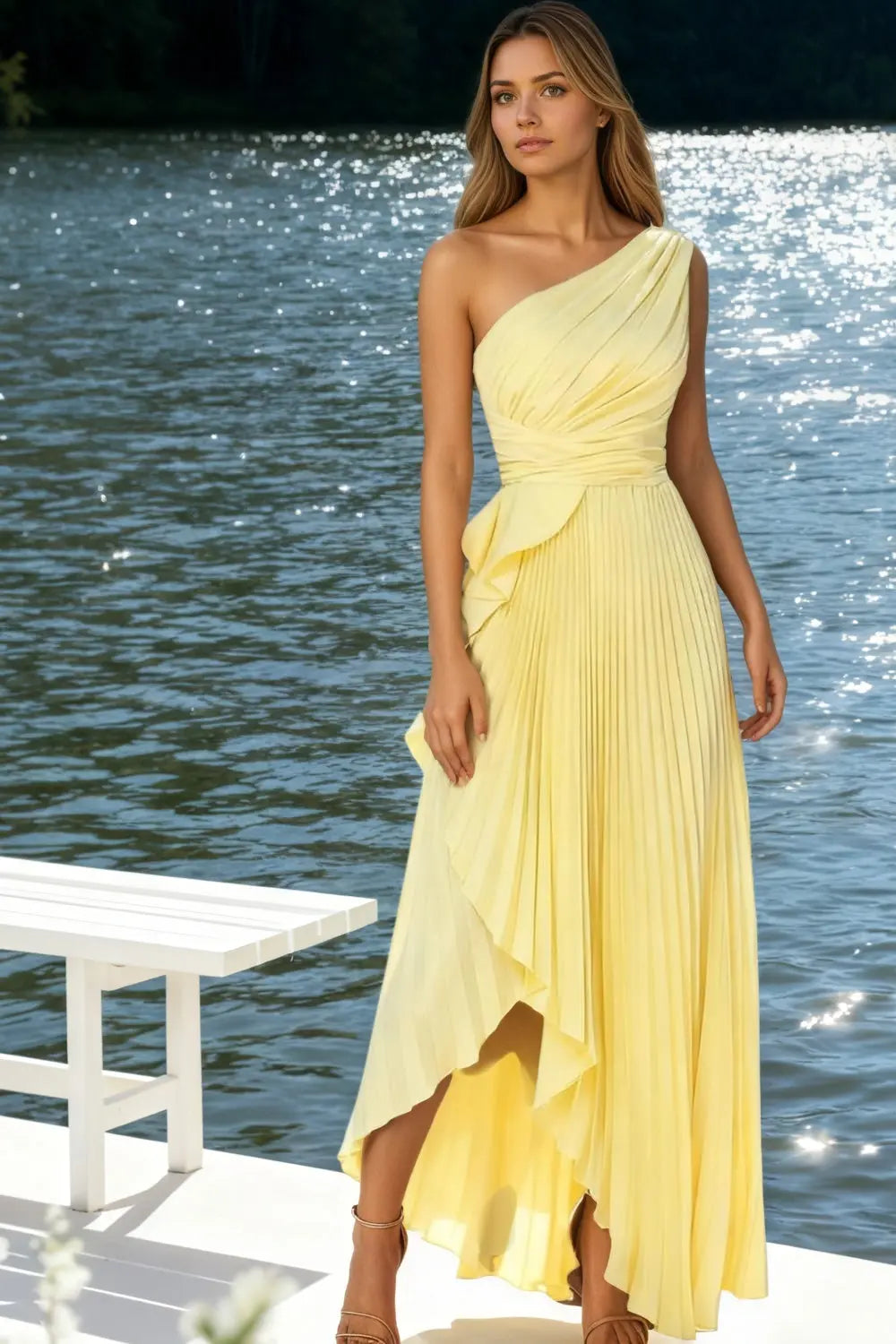 A-line Silk One Shoulder Long Asymmetry Pleated Yellow Prom Dresses - KAIDRESS