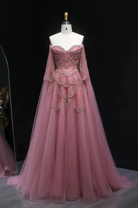 A-line Elegant Off Shoulder Formal Evening Gowns with Cape Sleeves Dresses KAIDRESS