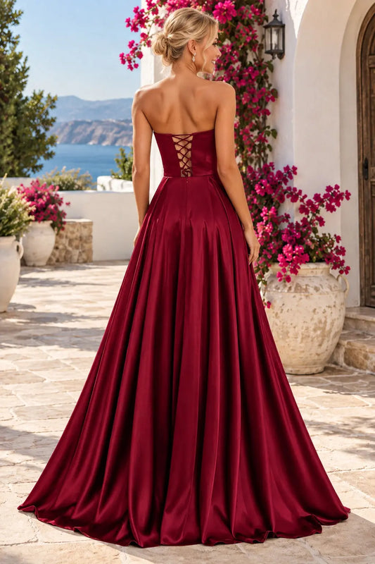 A-line Satin Formal Long Simple Sleeveless Prom Dresses with Slit