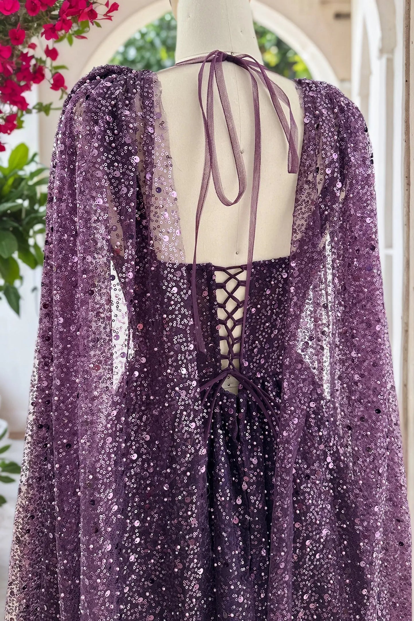 A-line Sequin Lace Purple Long Prom Dresses Sparkly Formal Evening Gowns