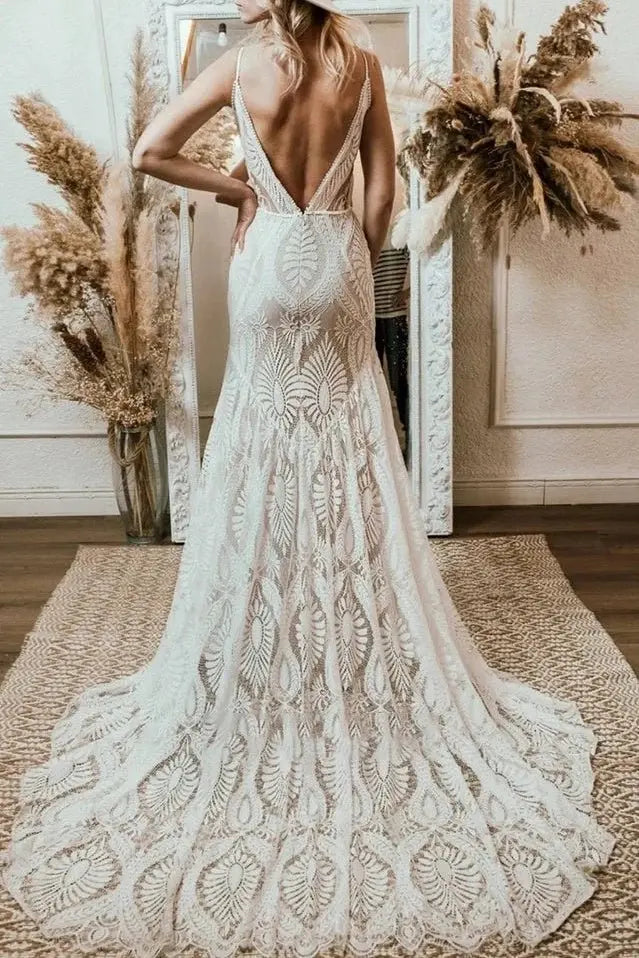 Beach Floral Mermaid Plunging Boho Lace Wedding Dresses with Sweep Train