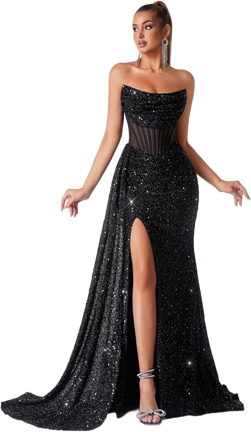 Mermaid Sequin Strapless Red Long Formal Prom Dresses Corset Split Ball Gowns