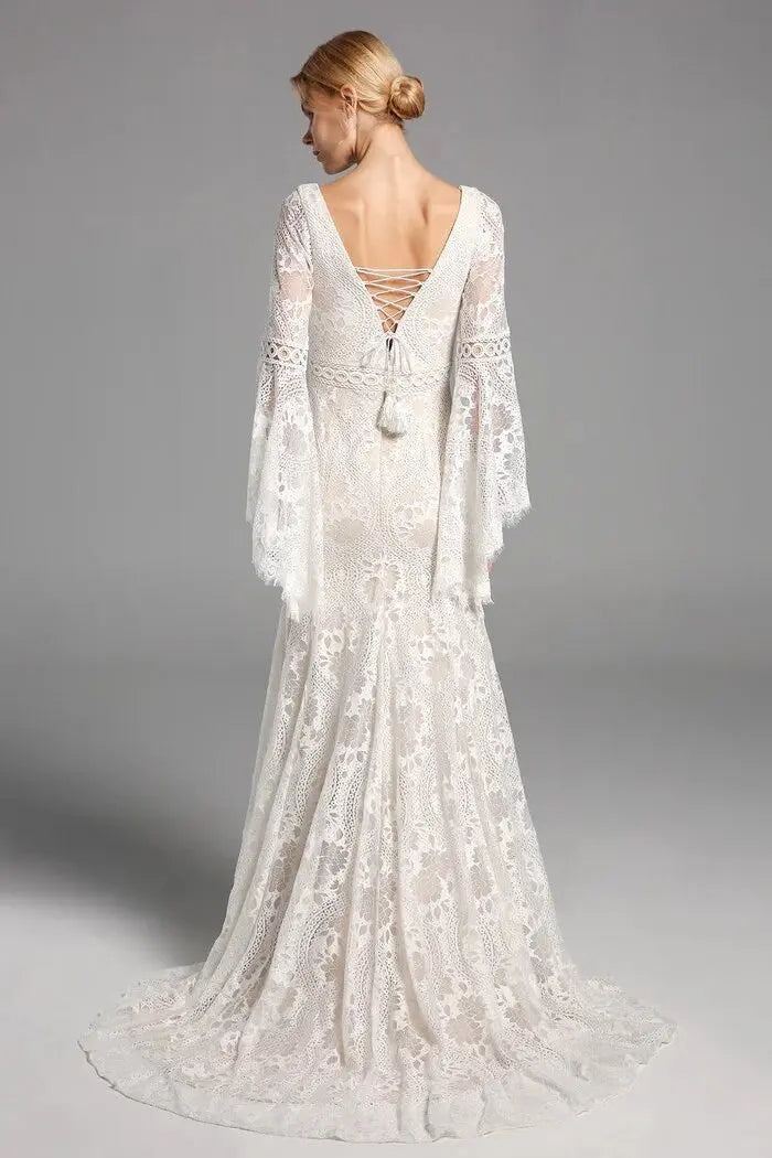 Boho Lace Long Sleeves Wedding Dresses Mermaid Beach Bridal Gowns - KAIDRESS