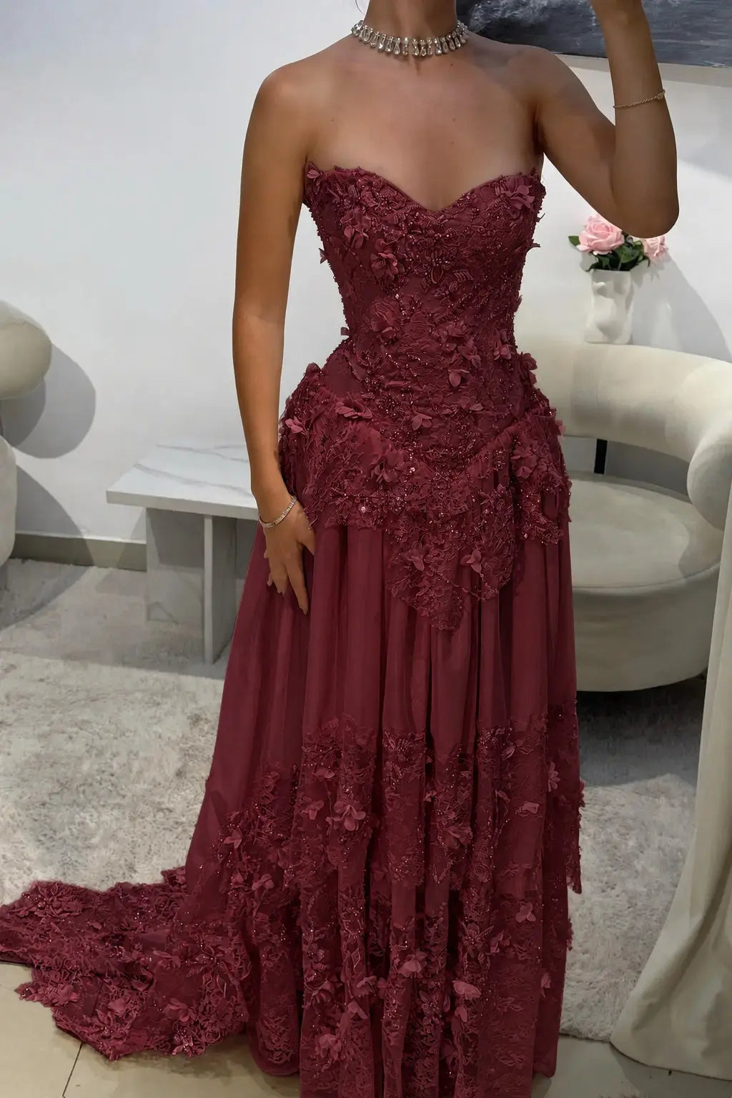 Dreamy Yellow 3D Floral Applique Sweetheart Corset Prom Dress