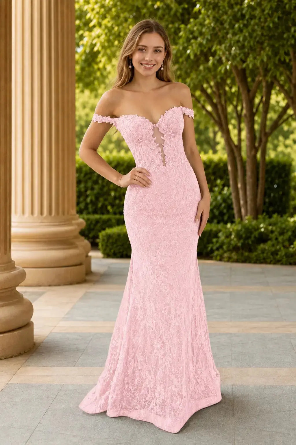 Mermaid Off the Shoulder Navy Lace Prom Dresses Long Evening Dresses KAIDRESS