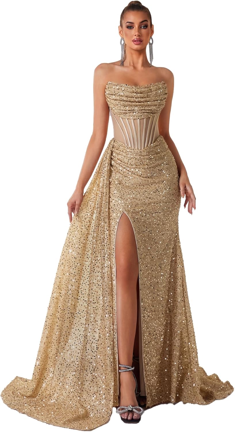 Mermaid Sequin Strapless Red Long Formal Prom Dresses Corset Split Ball Gowns
