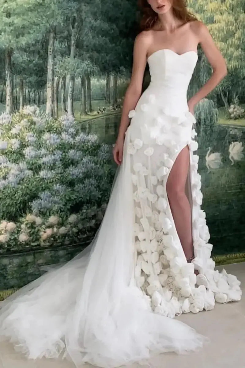 Chic Pink 3D Flowers Strapless Long Mermaid Prom Dress Side Slit - KAIDRESS
