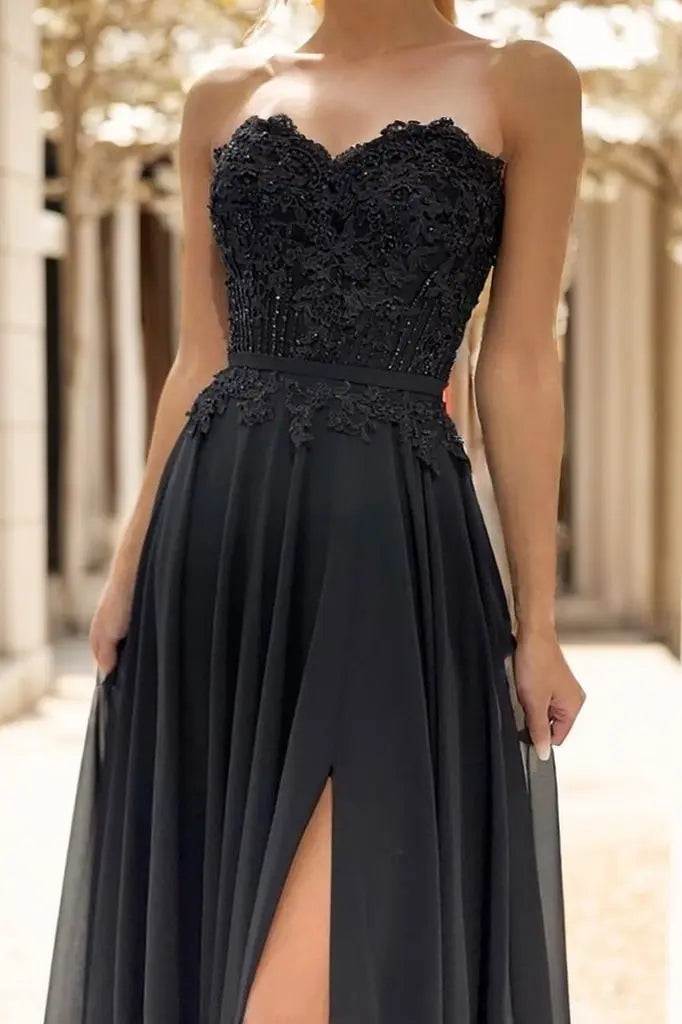 Chiffon Black Formal Prom Dress with Slit Princess Long Evening Gowns