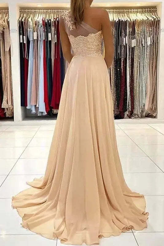 Chiffon Champagne Formal Prom Dresses One Shoulder Long Evening Gowns