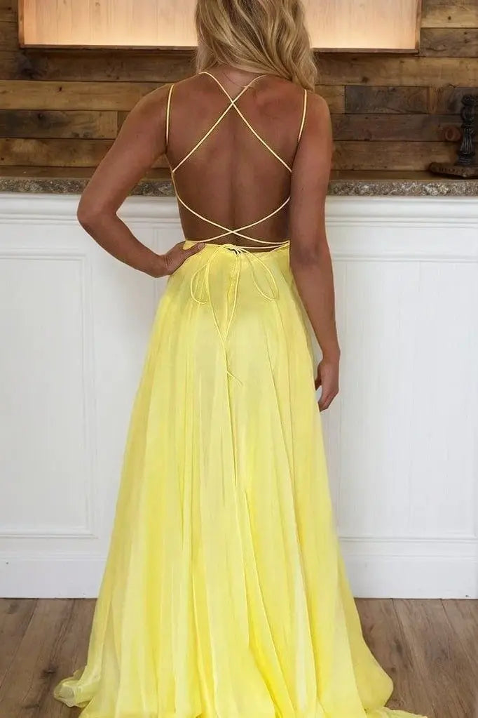 Chiffon Yellow Formal Prom Dresses Princess Halter Long Evening Gowns