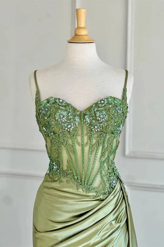 Sage Green Satin Spaghetti Strap Prom Dress Lace Corset Slit Gown