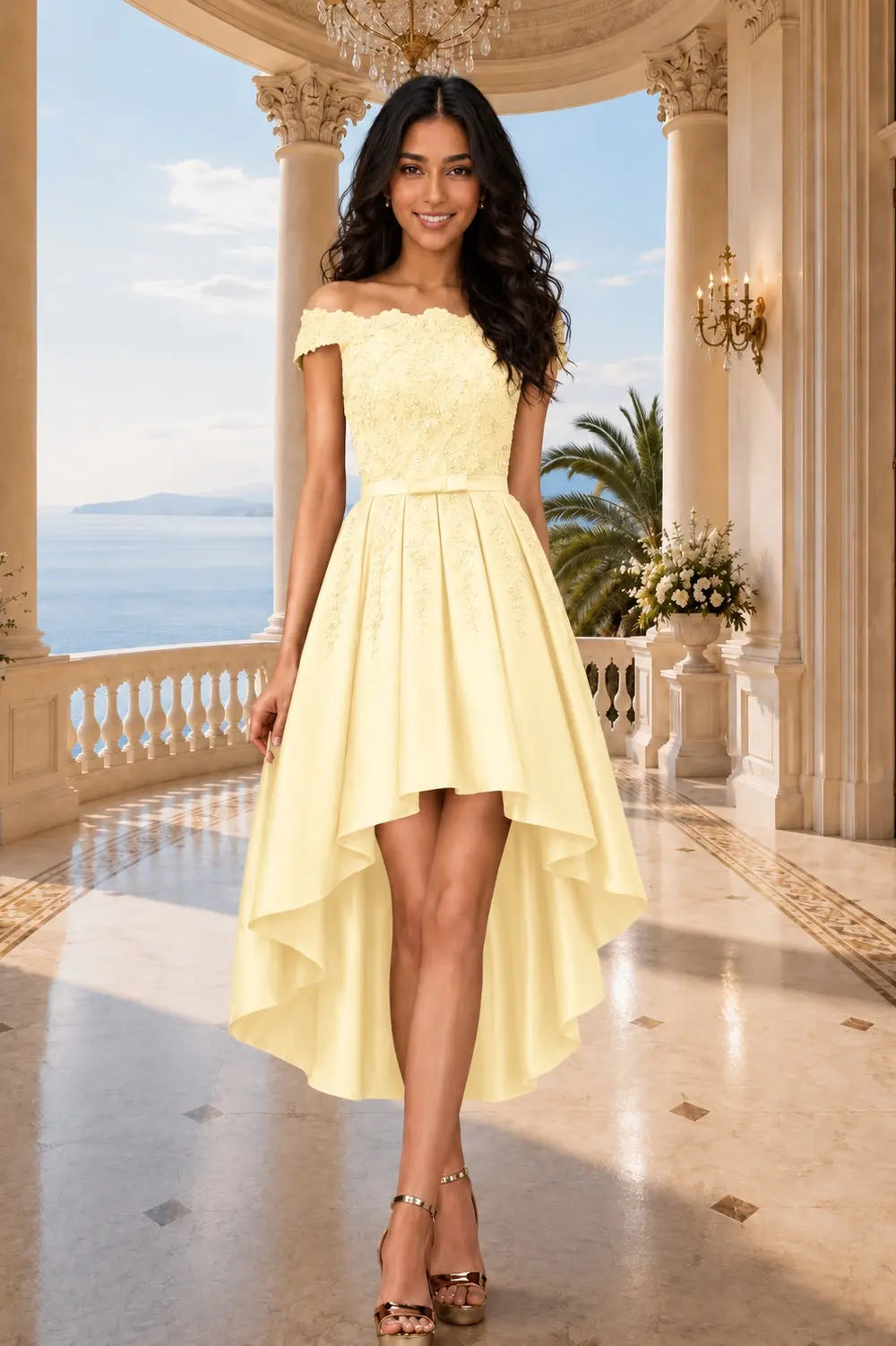 A-line Burgundy Satin Off the Shoulder A Line Strapless Lace Tulle Asymmetrical Dress With Pockets KAIDRESS