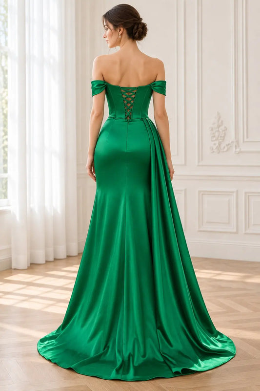 Emerald Green Satin Off-Shoulder Ruched Prom Dress with High Side Slit