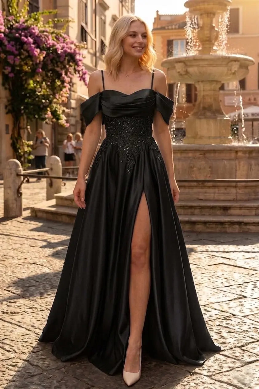 A-line Spaghetti Straps Short Sleeve Sweep Train Satin Prom Dress with Appliqued Beading Pleated Pockets - KAIDRESS