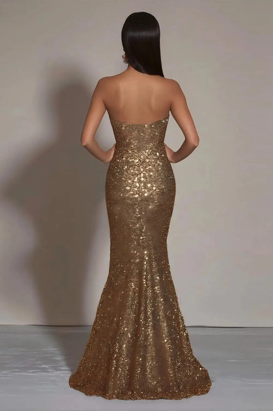 Gold Sequin Strapless Mermaid Prom Dress With High Slit and Train