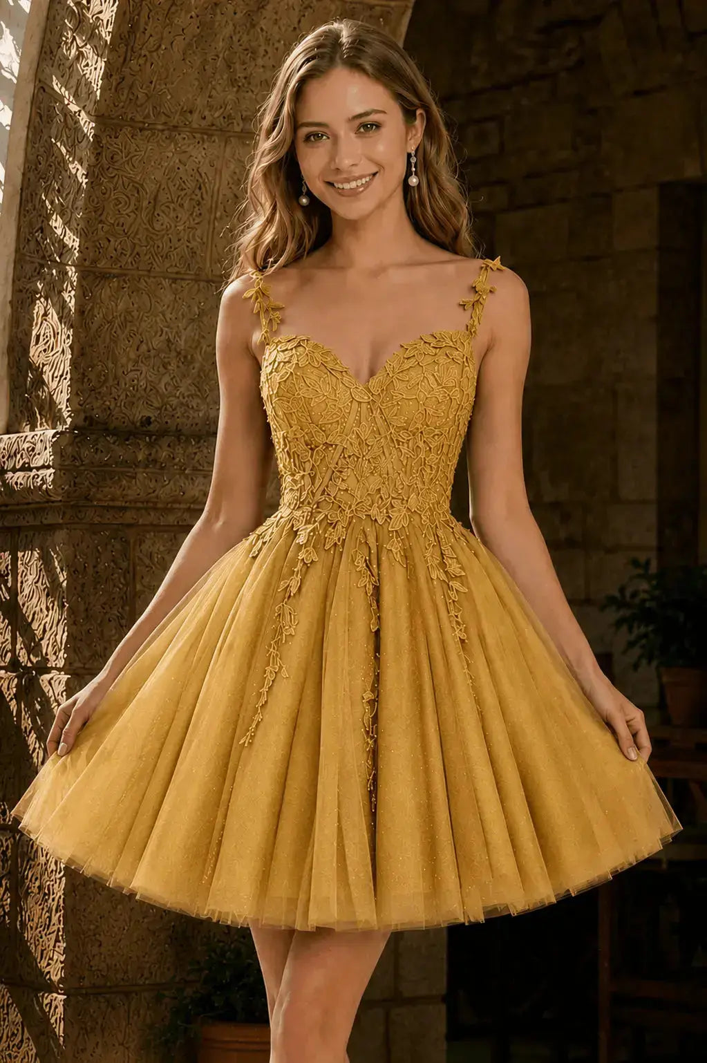 A-line V Neck Short/Mini Tulle Lace Homecoming Dress KAIDRESS