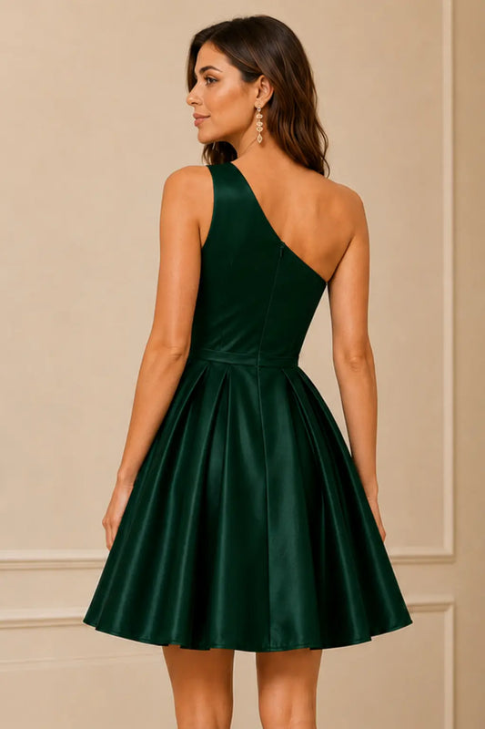 Green One Shoulder Satin Mini A Line Homecoming Dress With Pockets