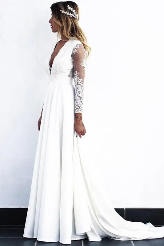 A-Line/Princess Stretch Crepe Lace V-neck Long Sleeves Sweep/Brush Train Wedding Dresses - KAIDRESS