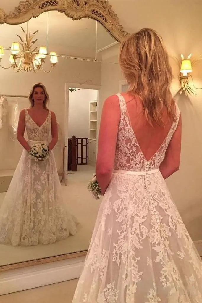 A-line Lace Wedding Dress A-line/Princess Sleeveless Court Train With Appliqued - KAIDRESS