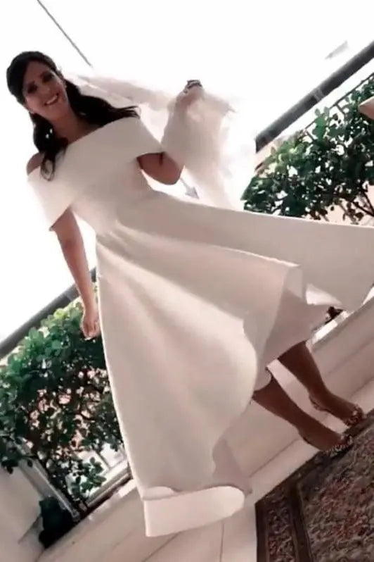 Satin Wedding Dress A-line/Princess Off-the-Shoulder Sleeveless Asymmetrical With Pleated - KAIDRESS