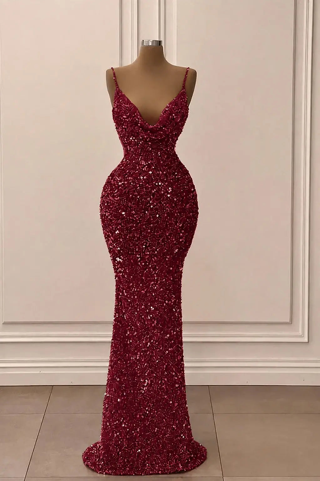 Trumpet/Mermaid Halter Sleeveless Velvet Sequins Long Prom Dresses Orange Ball Gowns Kaidress