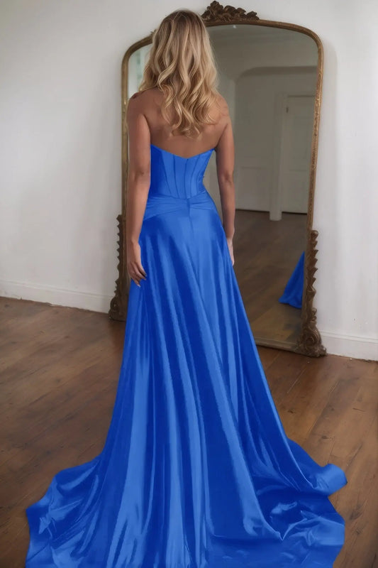 A-line Strapless Silk Long Blue Prom Dresses Elegant Evening Dress - KAIDRESS