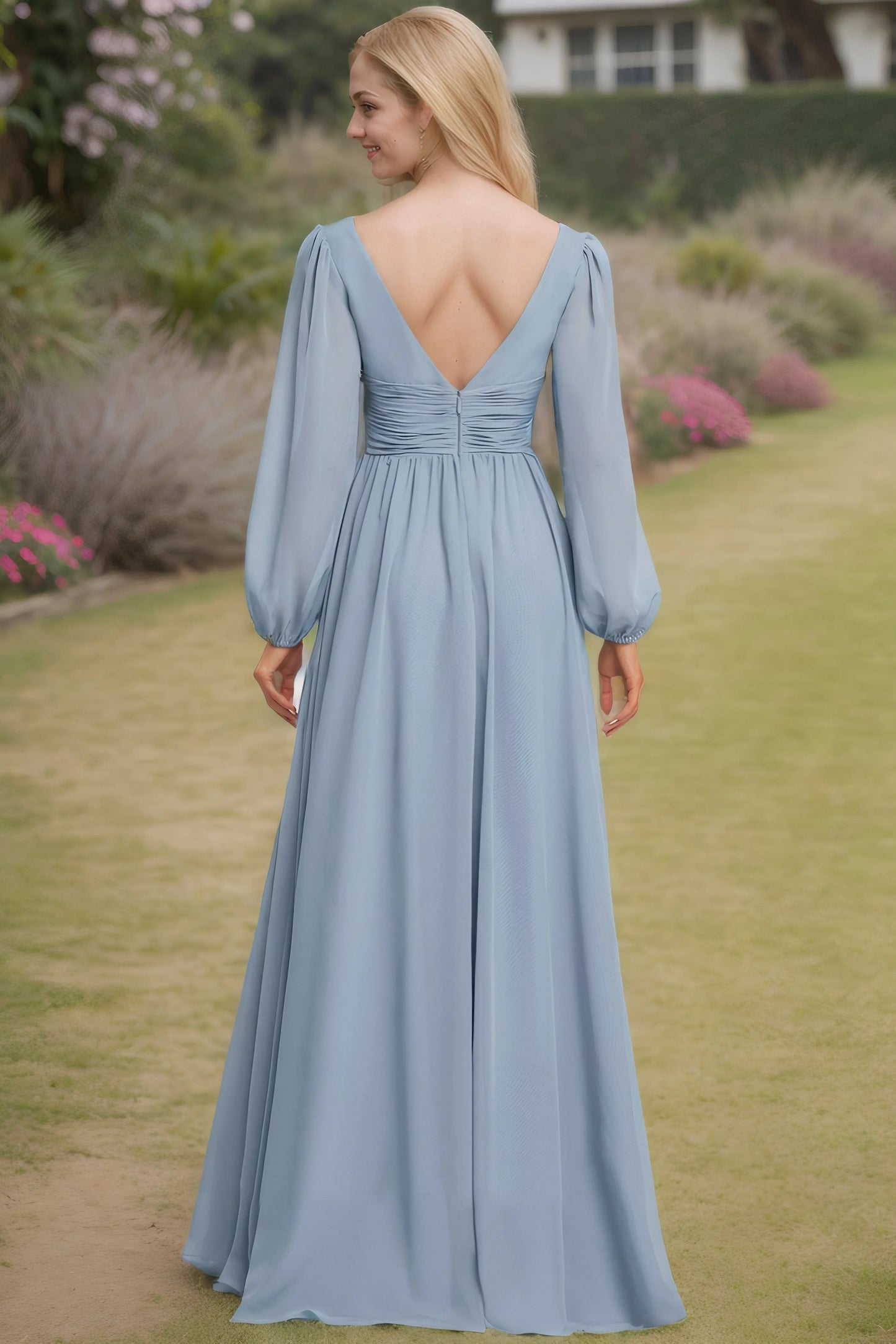 A-Line/Princess Chiffon Ruched V-neck Long Sleeves Floor-Length Bridesmaid Dresses - KAIDRESS