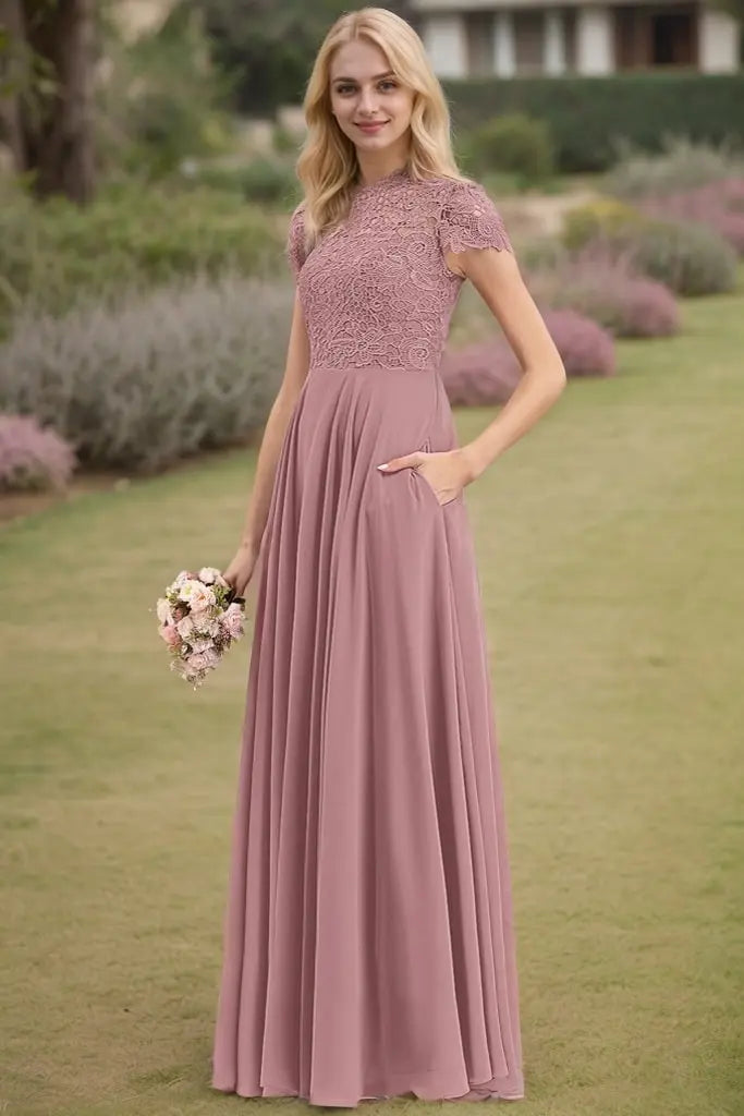 A-Line/Princess Chiffon Lace Scoop Short Sleeves Pocket Floor-Length Bridesmaid Dresses - KAIDRESS