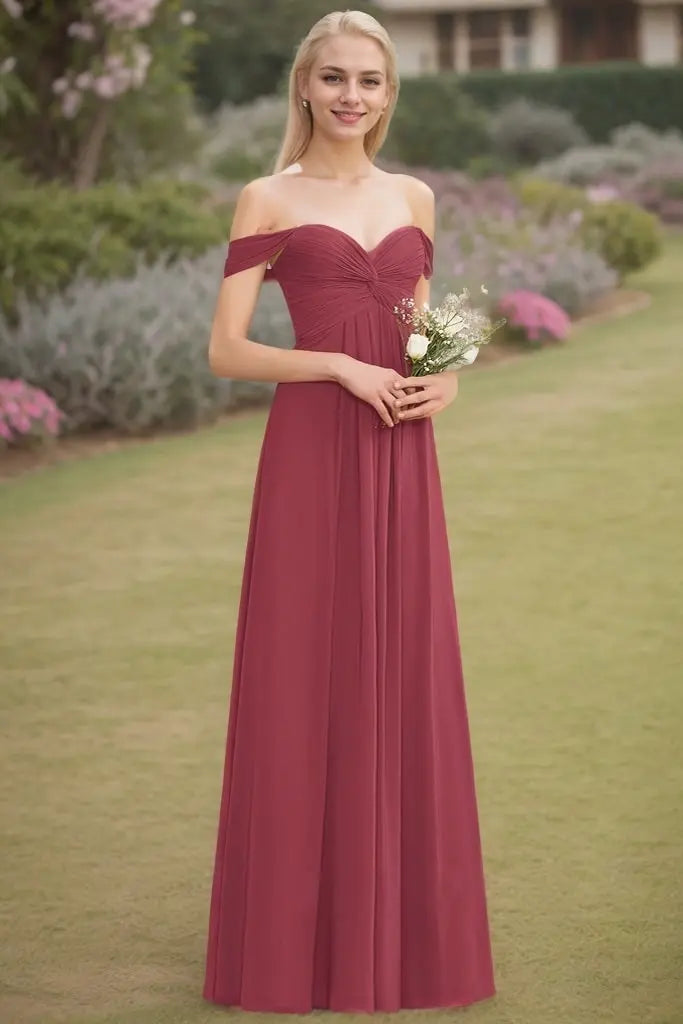 A-Line/Princess Chiffon Ruched Off-The-Shoulder Sleeveless Floor-Length Bridesmaid Dresses - KAIDRESS