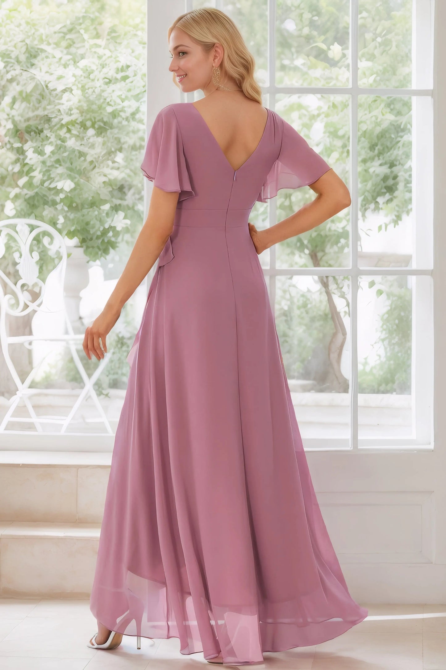 A-Line/Princess Chiffon Ruffles V-neck Short Sleeves Asymmetrical Bridesmaid Dresses - KAIDRESS